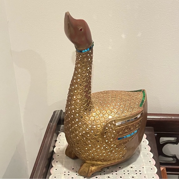 Folk Art Hand Carved Wood Decorated Golden Goose Sculpture Embossed Stone Carved - Picture 1 of 12